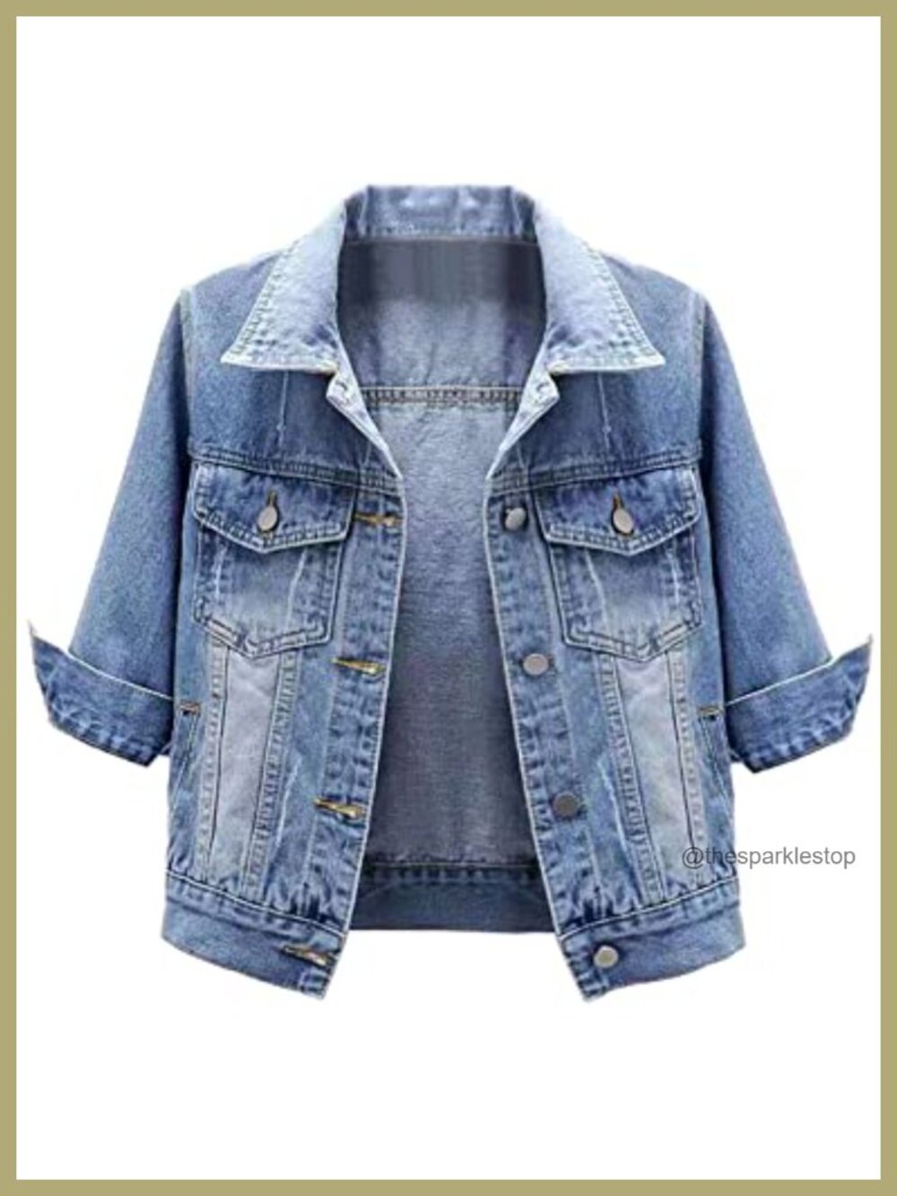 Womens Cropped Denim Jacket 3/4 Sleeve Button Down Distressed Trucker Jean Coat